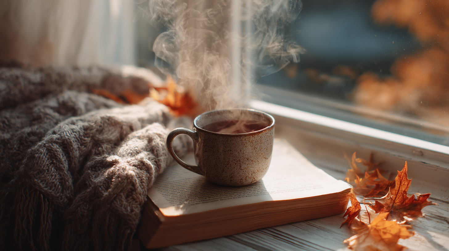 Tasse Tee am Fenster mit herbstlichen Blättern